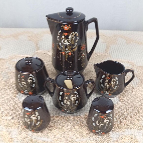 Japanese Style Hand Painted Tea Set And Salt Pepper Shaler Chocolate Rooster - Picture 1 of 9